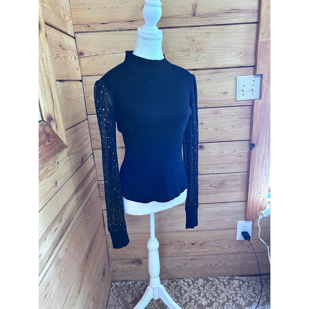 Eclipse Sparkle Mesh Sleeve Top Black Mock Neck Ribbed Party Top Large Dark Roma